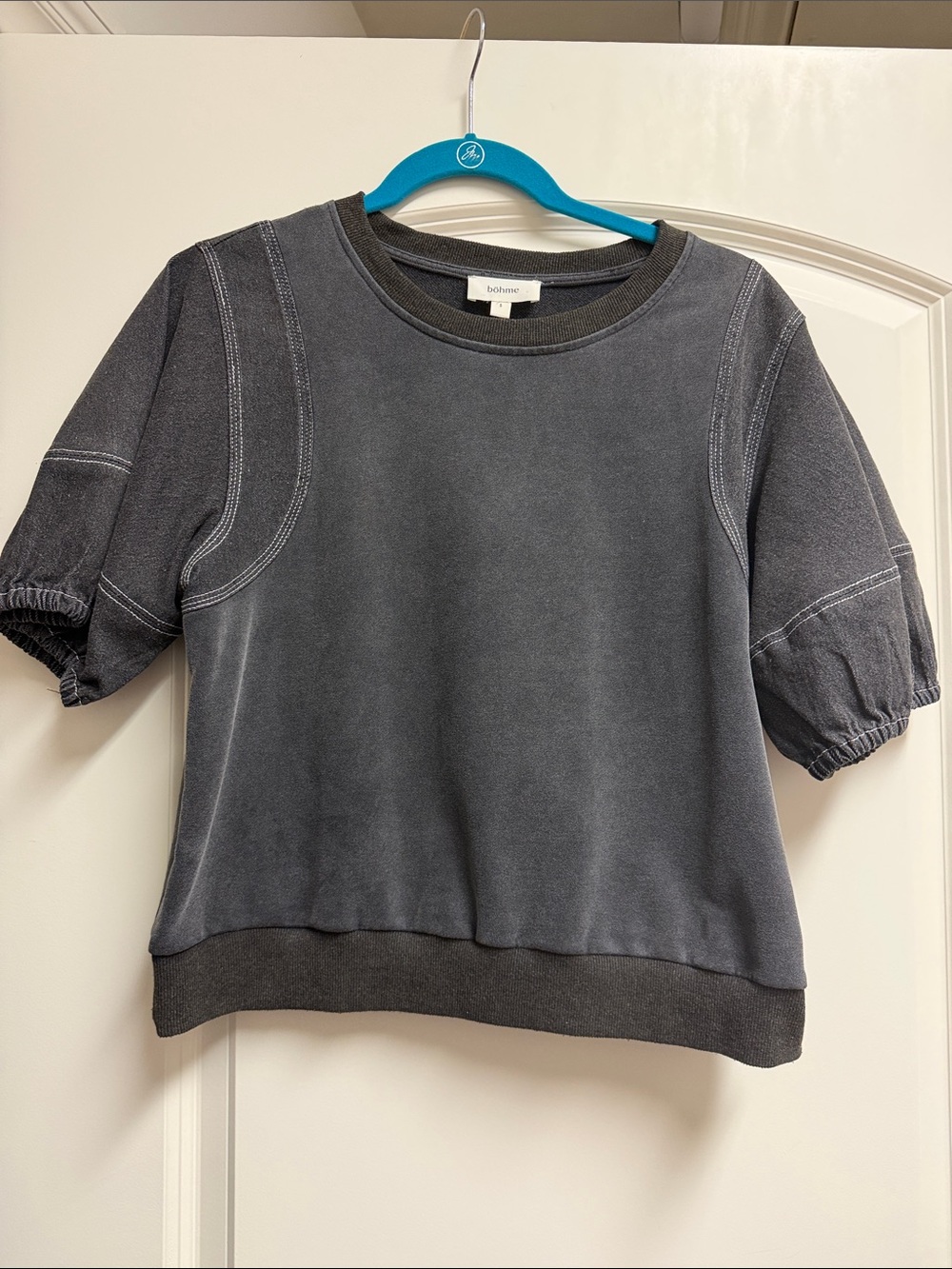 bohme Charcoal Short Puff-Sleeve Sweatshirt with Contrast Stitching